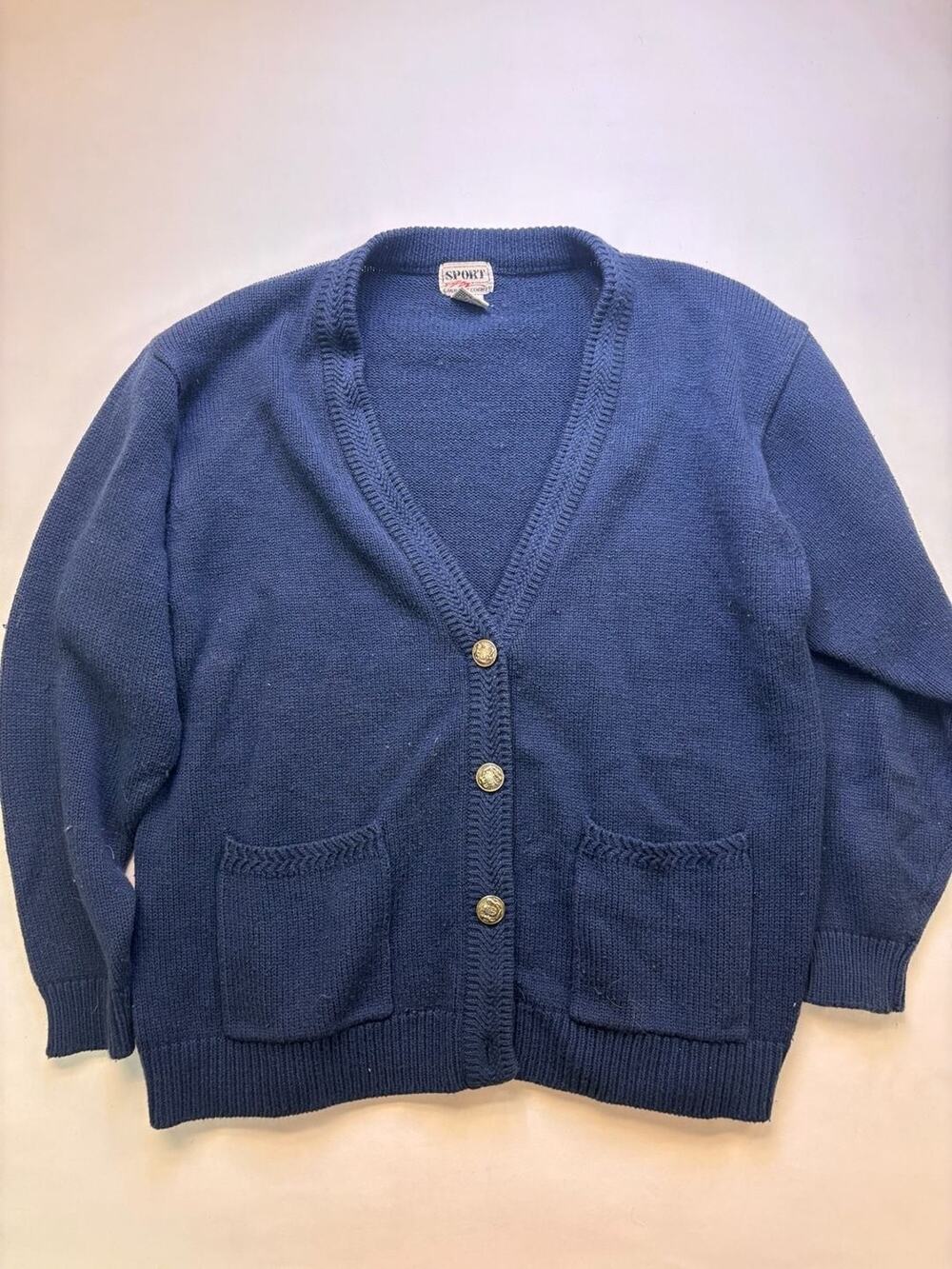 Vintage Carriage Court Sport Navy Blue Knit Cardigan with Crest Buttons